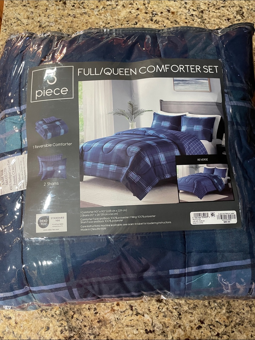 Full/Queen Plaid Comforter Set in Navy Blue - Reversible Design
